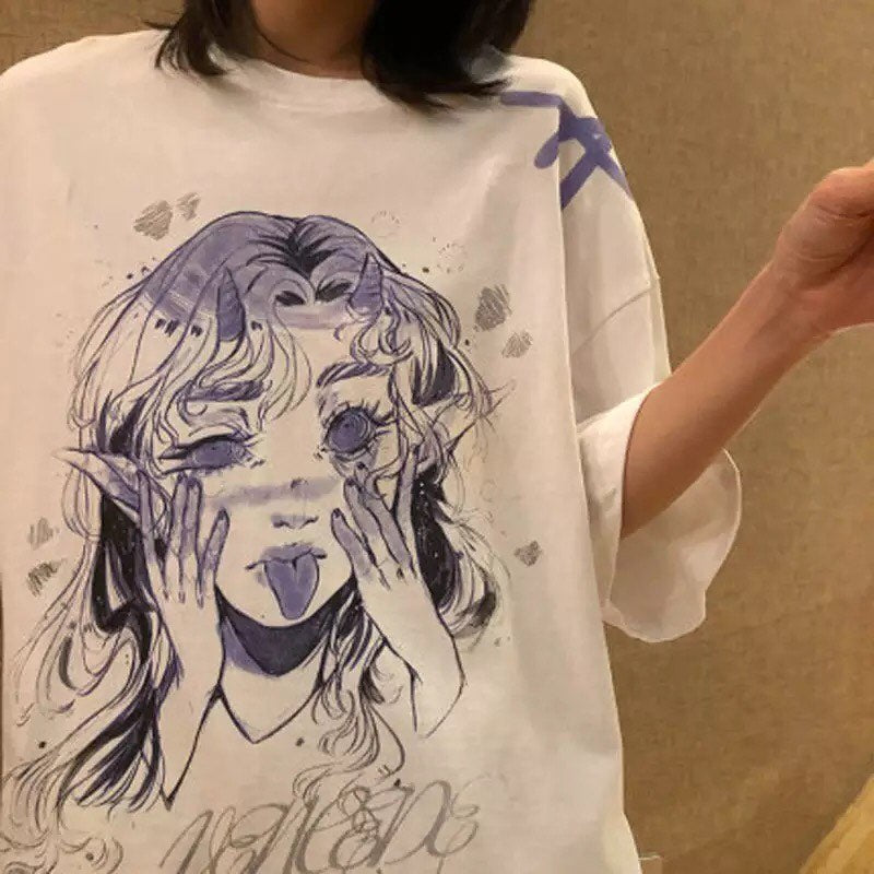 Cute White Elf Anime Girl Cartoon Print Short Sleeve T-shirt Top Oversize Loose Goth Punk Aesthetic E-Girl Kawaii Korean Japanese Harajuku Streetwear