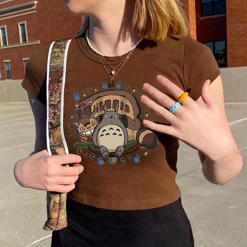 Brown Japanese Anime Cartoon Print Crop Top