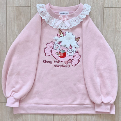 Pink Pastel Lamb Embroidery Lace Sweatshirt Sweater Long Sleeve Shirt Pullover Jumper E-Girl Kawaii Korean Japanese Harajuku Streetwear