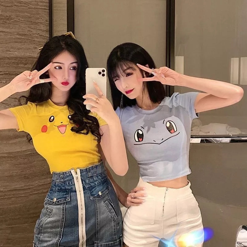 Cute Sexy Pikachu Anime Cartoon Graphic Print Crop Top Short Sleeve Shirt Aesthetic Casual E-Girl Kawaii Korean Japanese Harajuku