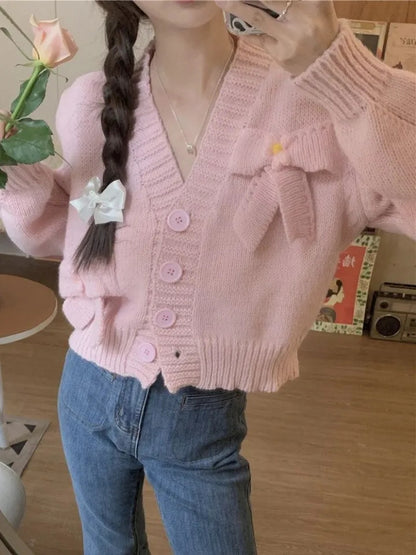 White Bow Knit Cardigan Sweater