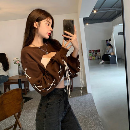 Brown Lace Up Crop Top