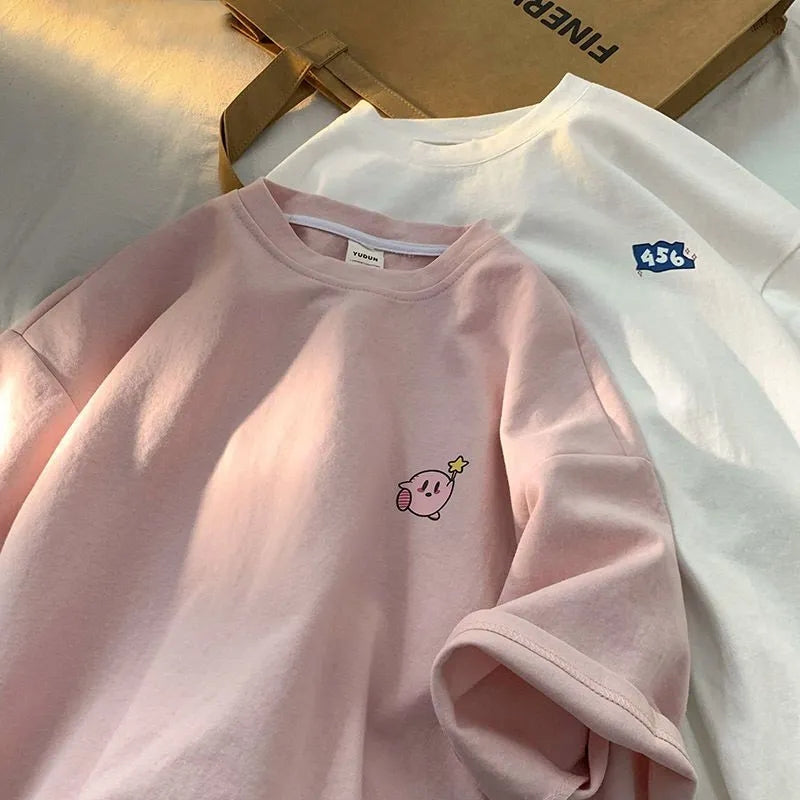 Pink Japanese Anime Print Short Sleeve T-shirt