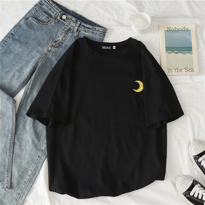 Cute Casual Cartoon Moon Sun Star Cloud Embroidery Loose T-shirt Short Sleeve Tee Shirt Top E-Girl Kawaii Korean Japanese Harajuku Retro Streetwear