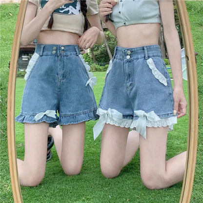 Sweet Lace Wide Leg Denim Shorts