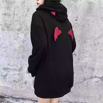 Cute Black Demon Wing Devil Horns Oversized Hoodie Long Sleeve Shirt Sweater Sweatshirt Punk Goth E-Girl Kawaii Korean Japanese Harajuku Streetwear