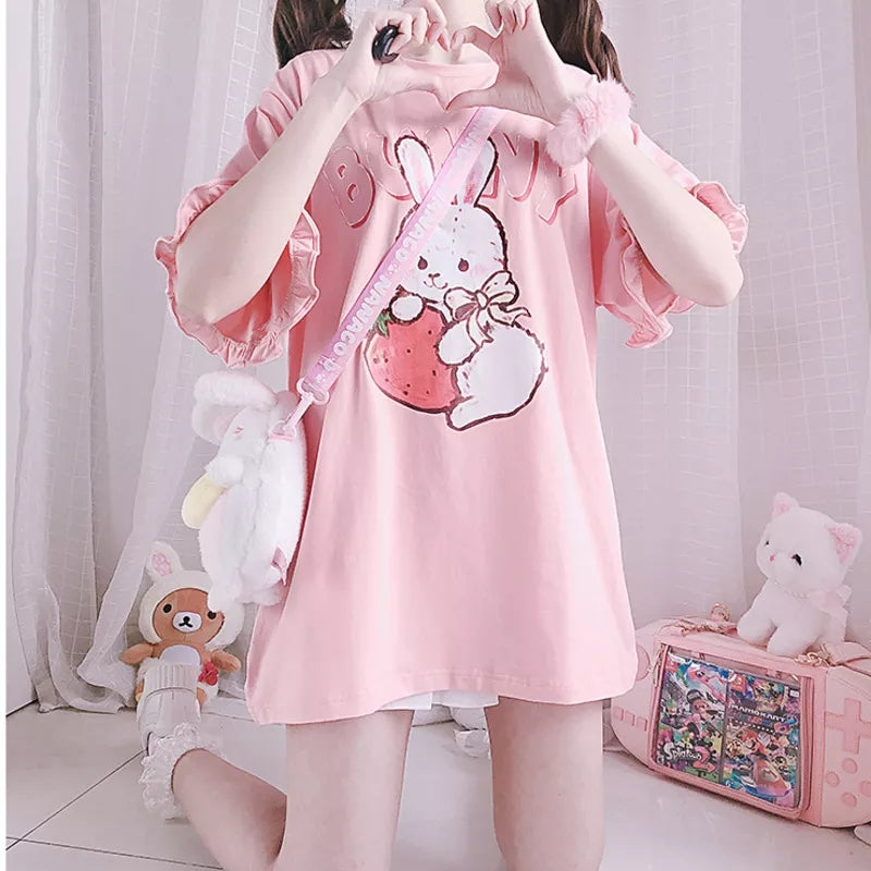 Pink Rabbit Ruffle Loose Short Sleeve T-shirt