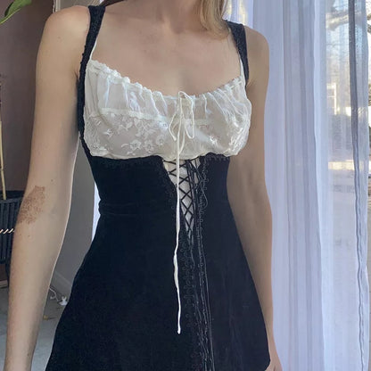 Sweet Velvet Corset Tie Up Mini Dress Summer Aesthetic Casual E-Girl Kawaii Korean Japanese Harajuku