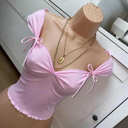 Pink Bow Square Neck Ruched Crop Top