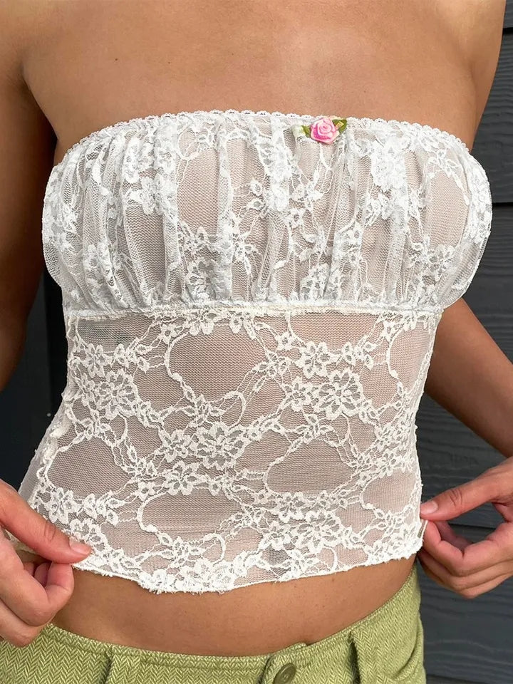 White Flower Lace Tube Top