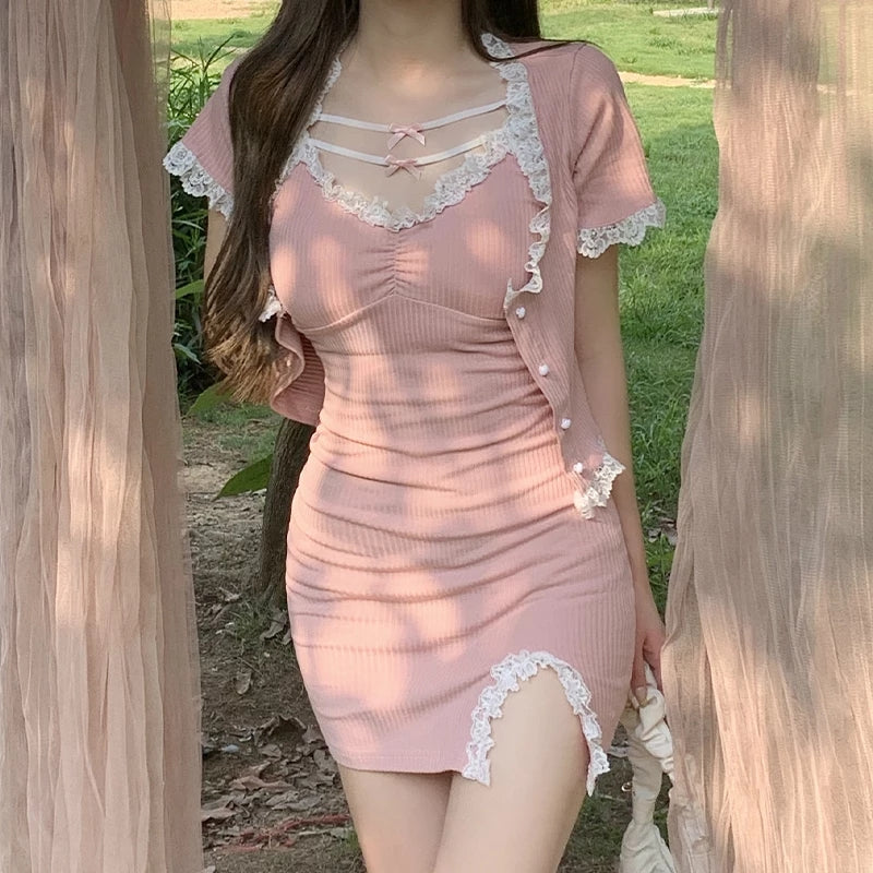 Cute Sweet Sexy 2pcs Lace Trim Split Dress Set + Short Sleeve Cardigan Crop Top Aesthetic Casual E-Girl Kawaii Korean Japanese Harajuku