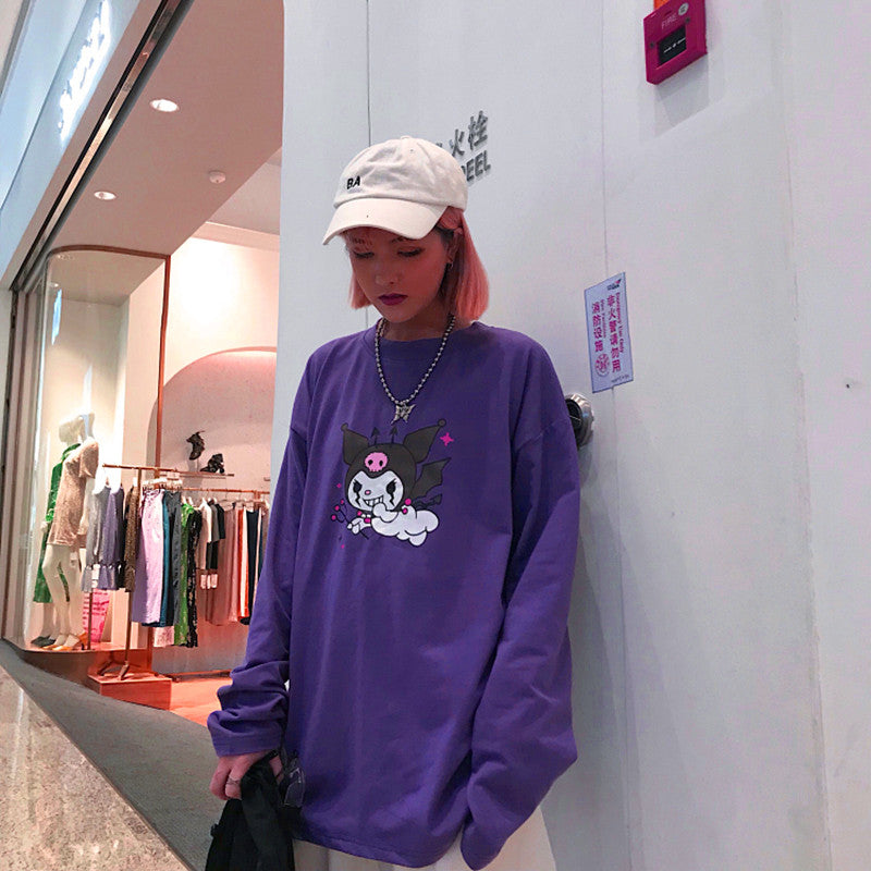 Cute Purple Devil Demon Print Anime Cartoon Casual Oversized Long Sleeve Tee Shirt T-shirt Top E-Girl Kawaii Korean Japanese Harajuku Streetwear
