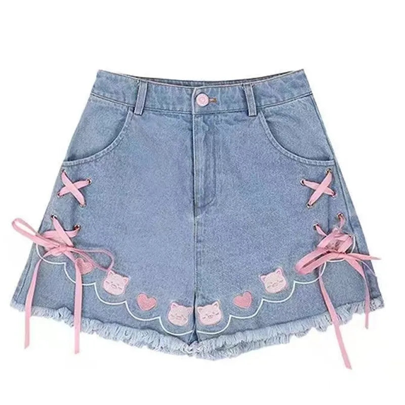 Cat Embroidery Pink Ribbon Denim Shorts