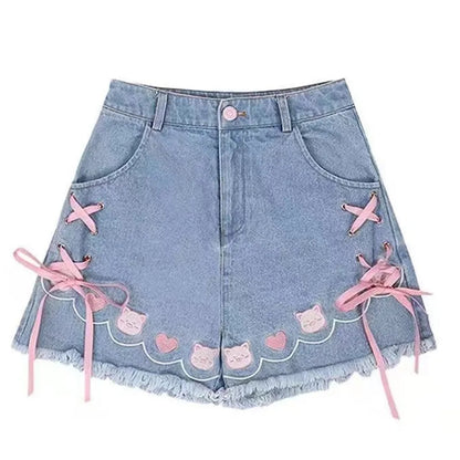 Cat Embroidery Pink Ribbon Denim Shorts