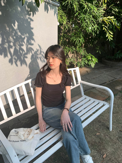 Black Puff Sleeve Square Collar Top
