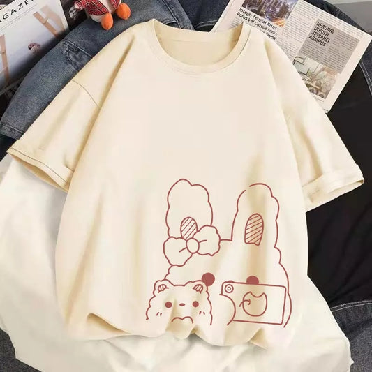 Cute Rabbit Bunny Camera Graphic Cartoon Print Loose Short Sleeve T-shirt Aesthetic Casual Summer E-Girl Kawaii Korean Japanese Harajuku