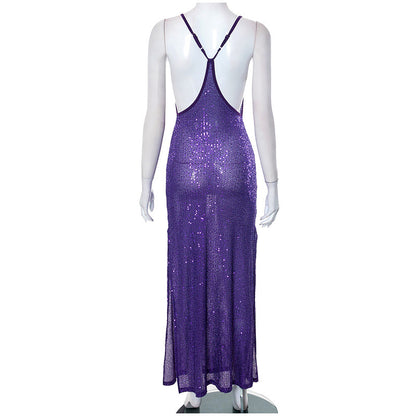 Purple Sequin Split Bodycon Dress