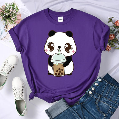Cute Panda Bear Boba Bubble Milk Tea Graphic Cartoon Print Loose Short Sleeve T-shirt Aesthetic Casual Summer E-Girl Kawaii Korean Japanese Harajuku