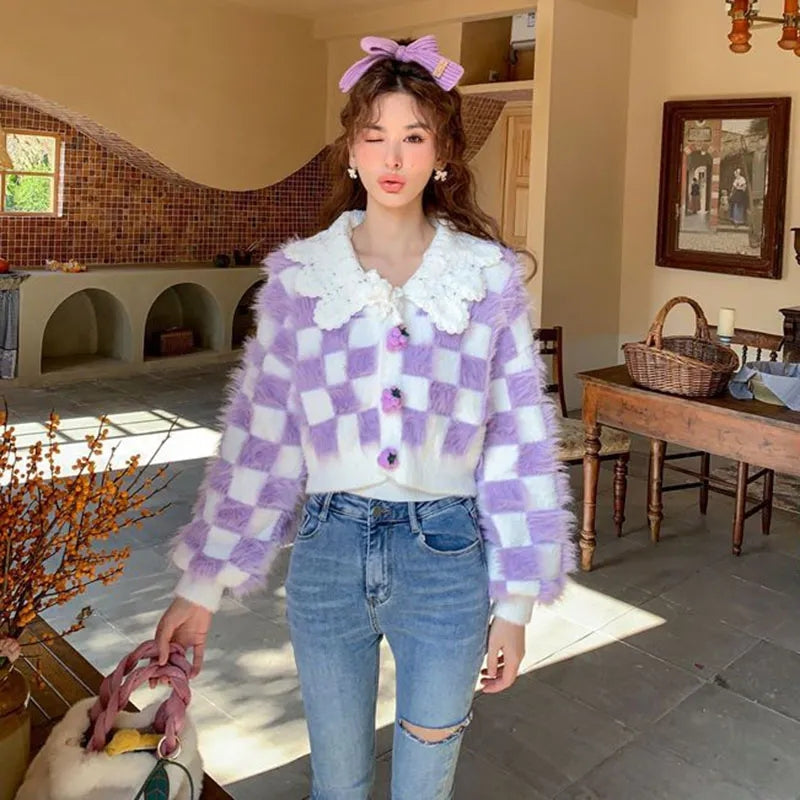 Fluffy Purple & White Plaid Cardigan