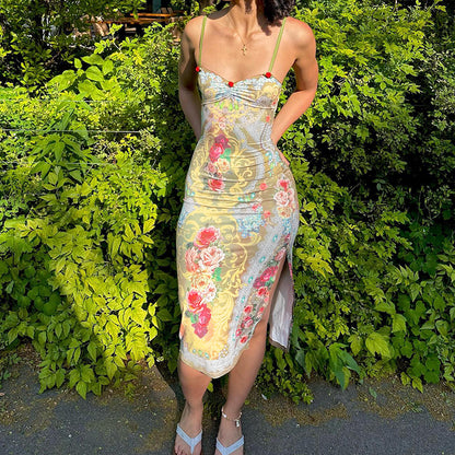 Floral Print Split Sleeveless Midi Dress