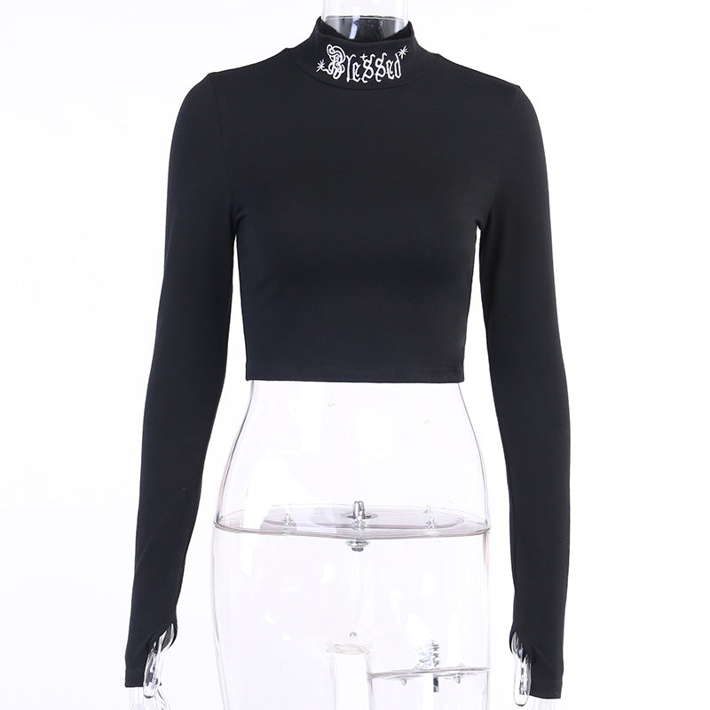 Black Rebel Letter Embroidery Turtleneck Crop Top Long Sleeve Shirt T-shirt Top Goth Punk Casual E-Girl Kawaii Korean Japanese Harajuku Streetwear
