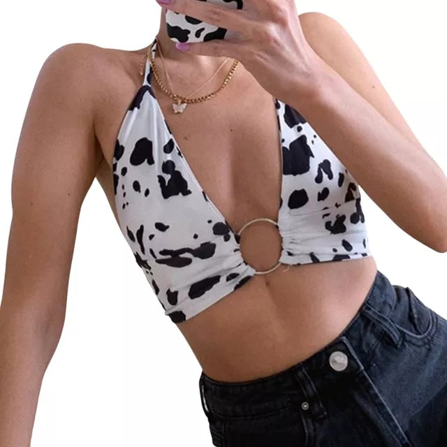 Cute Cow Print V Neck Crop Top Sleeveless Shirt Sling Halter Summer Aesthetic Casual E-Girl Kawaii Korean Japanese Harajuku
