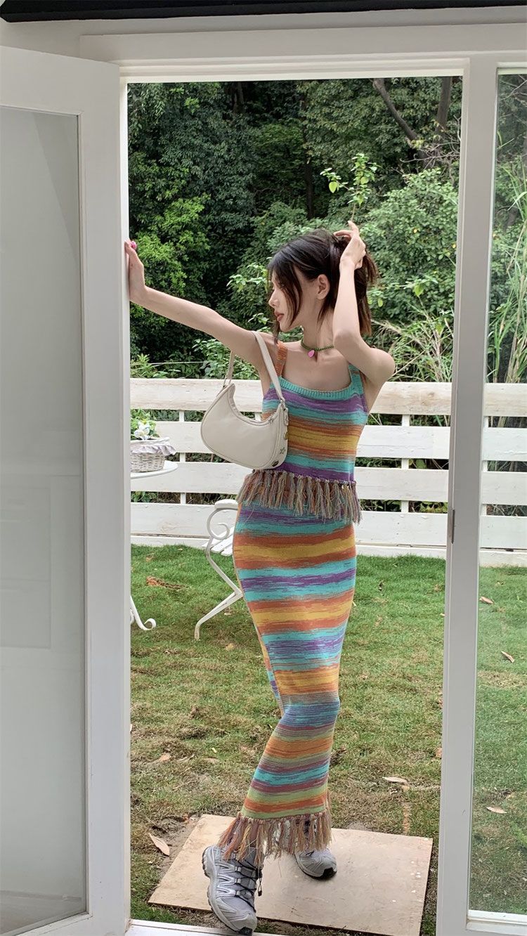 Rainbow Stripe Tassel Tank Top + Maxi Skirt