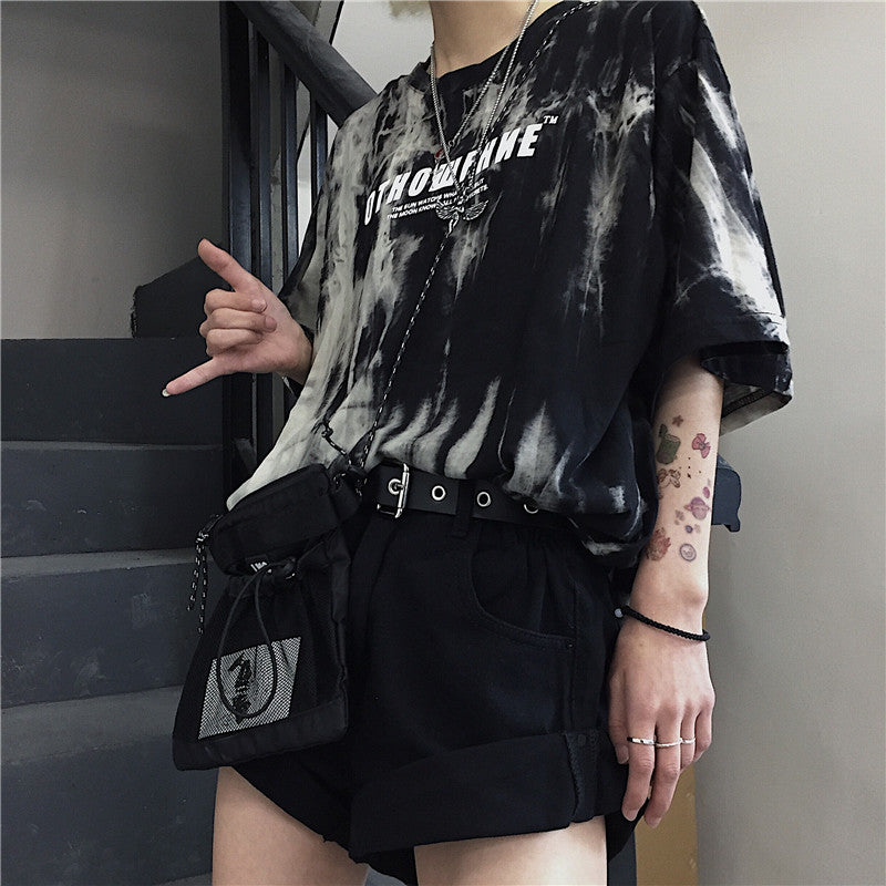 Cute Smoke Ash Print Loose Oversized Crop Top Short Sleeve Shirt Tee T-shirt E-Girl Kawaii Korean Japanese Harajuku Chinese Retro Streetwear Punk Goth