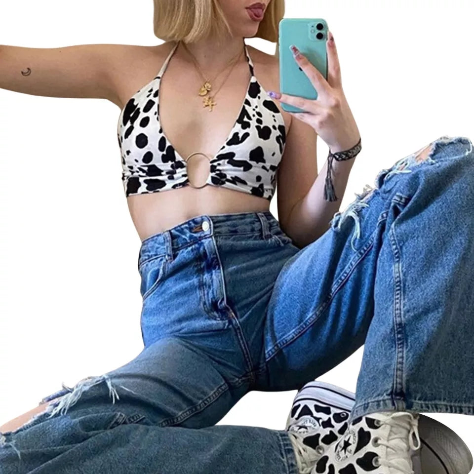 Cute Cow Print V Neck Crop Top Sleeveless Shirt Sling Halter Summer Aesthetic Casual E-Girl Kawaii Korean Japanese Harajuku