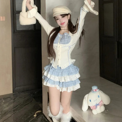 2PCS Blue Japanese Blouse + Vintage Mini Skirt