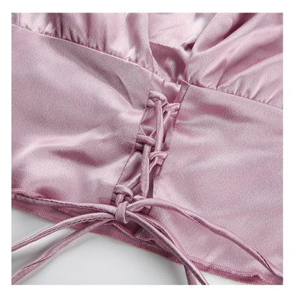 Cute Vintage Pink Silky Satin Short Sleeve Shirt Crop Top Lace Up Elegant Aesthetic Casual Summer E-Girl Kawaii Korean Japanese Harajuku