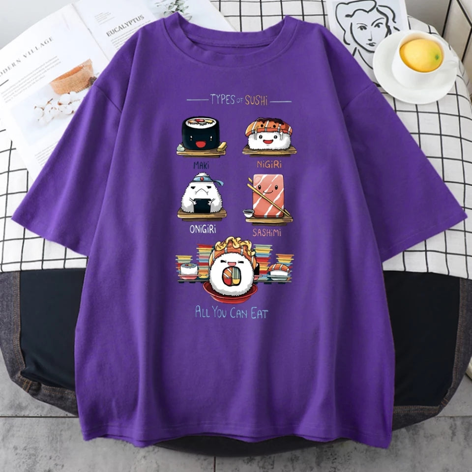 Cute Sushi Food Graphic Cartoon Print Loose Short Sleeve T-shirt Aesthetic Casual Summer E-Girl Kawaii Korean Japanese Harajuku