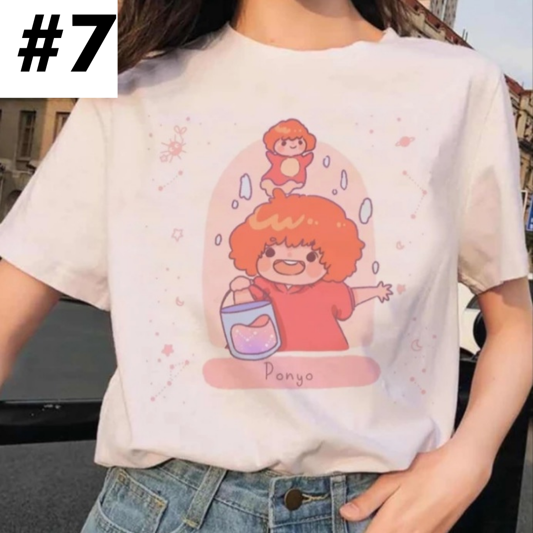 Cute Japanese Anime Cartoon Graphic Print Loose White Short Sleeve Shirt
