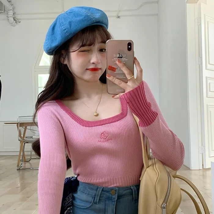 Cute Vintage Flower Embroidery Long Sleeve Shirt Sweater Jumper Aesthetic Casual Summer E-Girl Kawaii Korean Japanese Harajuku