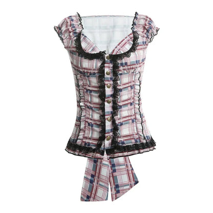 Plaid Ruffle Square V Neck Short Sleeve Top