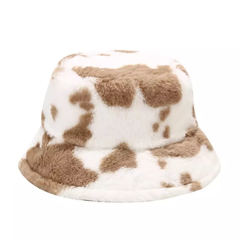 Cow Print Plush Bucket Hat Warm Soft Velvet Fishermen Cap Animal Print Winter Women E-Girl Kawaii Korean Japanese Harajuku Streetwear