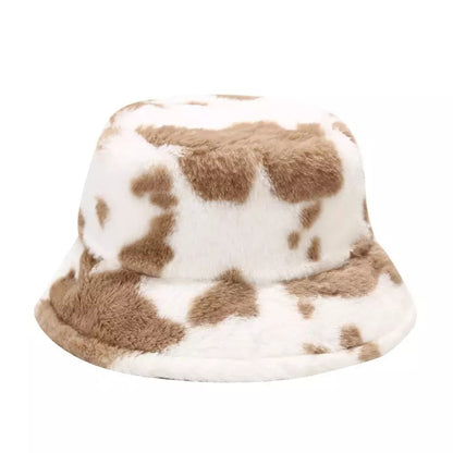 Cow Print Plush Bucket Hat Warm Soft Velvet Fishermen Cap Animal Print Winter Women E-Girl Kawaii Korean Japanese Harajuku Streetwear