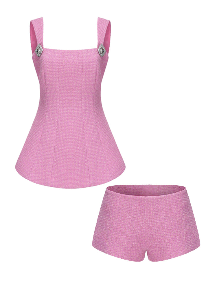 2PCs Pink Tweed Square Collar Top + Shorts Set