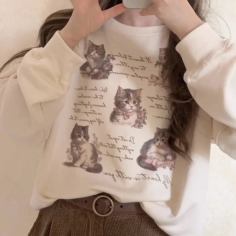 Cat Letter Print Loose Sweatshirt
