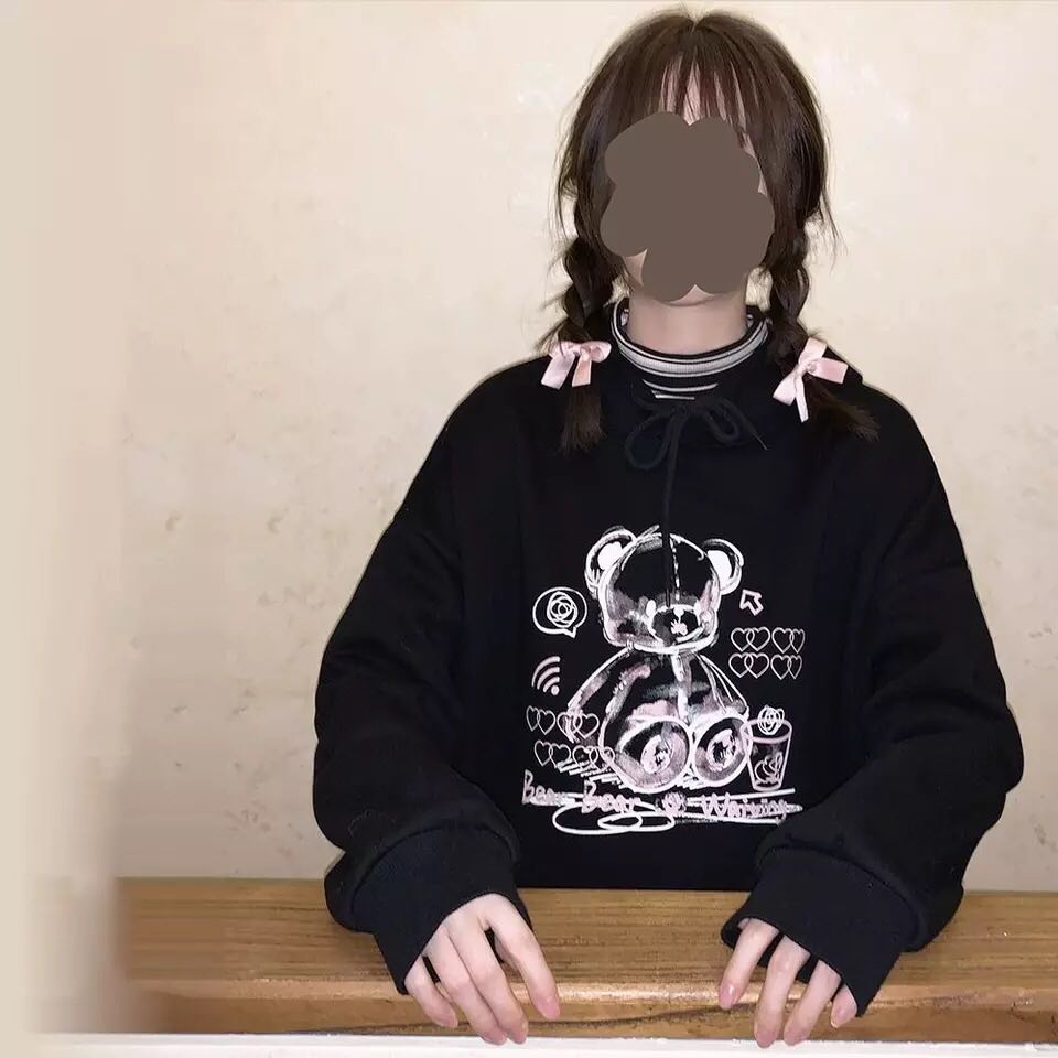Cute Black Bear Cartoon Print Loose Long Sleeve Hoodie Sweatshirt Sweater Pullover Jumper Punk Goth E-Girl Kawaii Korean Japanese Harajuku Streetwear
