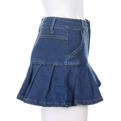 Cute High Waisted Pleated Denim Zipper Mini Skirt Blue Pink Bottoms Club Aesthetic Summer Party E-Girl Kawaii Korean Japanese Harajuku Streetwear