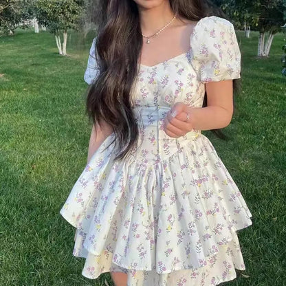 Floral Print Square Neck Puff Sleeve Dress