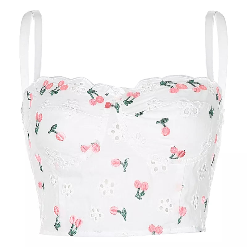 White Cherry Floral Embroidery Milkmaid Corset Top Summer Aesthetic Casual E-Girl Kawaii Korean Japanese Harajuku