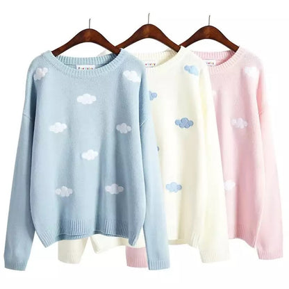 Cute Pastel Cloud Winter Autumn Loose Oversized Casual Knit Sweater Sweatshirt Pullover Jumper Shirt E-Girl Kawaii Korean Japanese Harajuku Streetwear