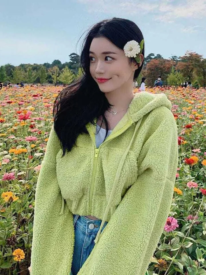 Soft Faux Lamb Wool Loose Long Sleeve Hoodie