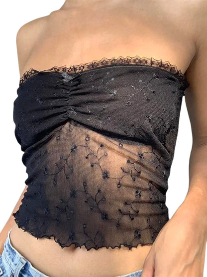Black Flower Embroidery Lace Tube Top