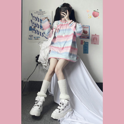 Pastel Rainbow Stripe Colorful Loose Oversize Long Sleeve Shirt T-shirt Top Embroidery Casual Autumn E-Girl Kawaii Korean Japanese Harajuku Streetwear