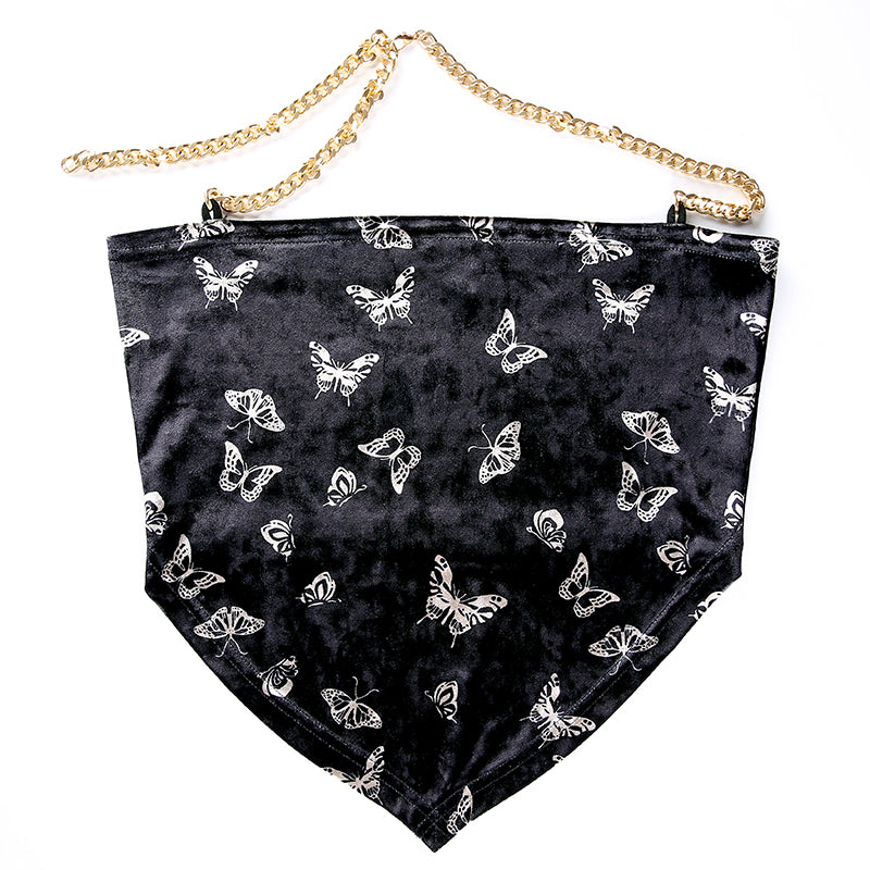Cute Sexy Butterfly Chain Velvet Halter Tank Cami Crop Top Shirt Tee T-shirt E-Girl Kawaii Korean Japanese Harajuku Chinese Retro Streetwear Aesthetic