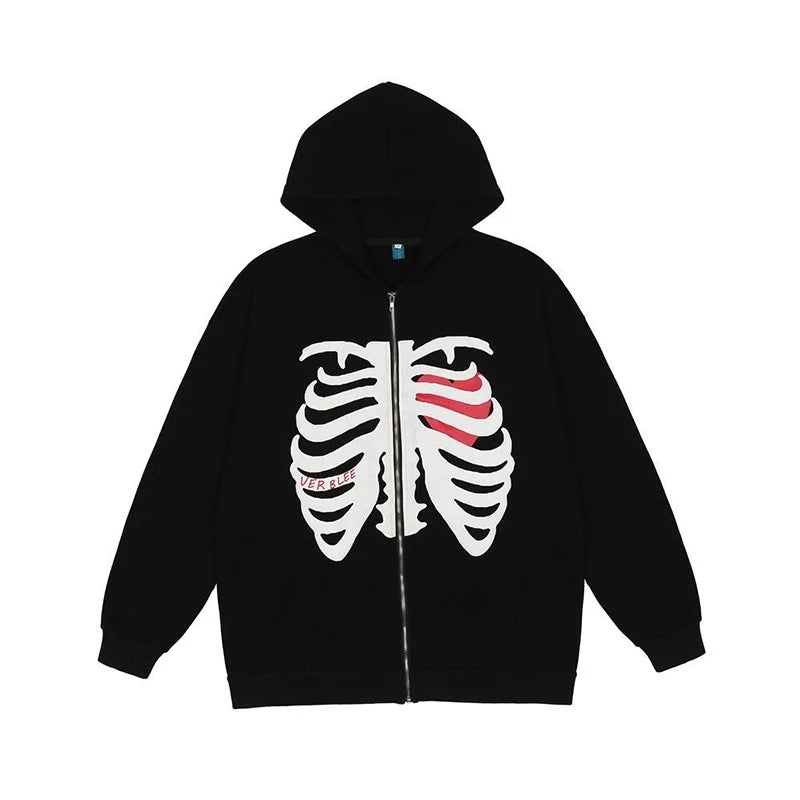 Retro Rib Skeleton Print Long Sleeve Hoodie Jacket Zipper Pullover Casual E-Girl Kawaii Korean Japanese Harajuku Streetwear