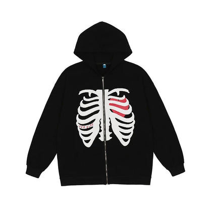 Retro Rib Skeleton Print Long Sleeve Hoodie Jacket Zipper Pullover Casual E-Girl Kawaii Korean Japanese Harajuku Streetwear